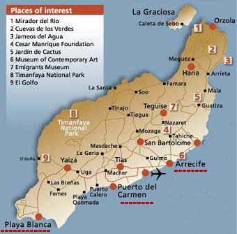 Плайя Бланка на карте острова Лансароте