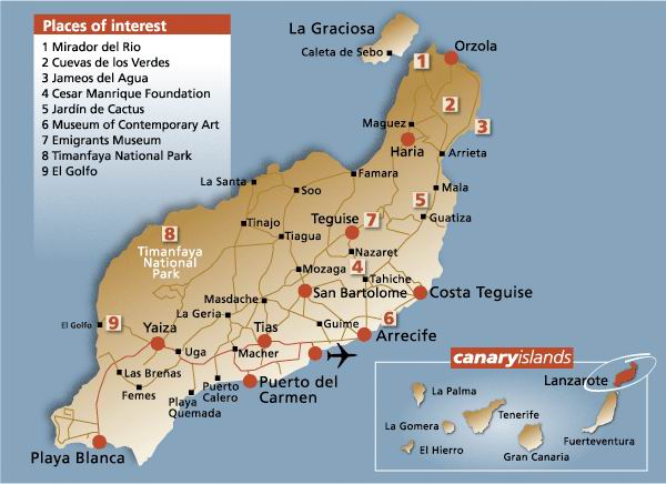Карта Лансароте, достопримечательности острова